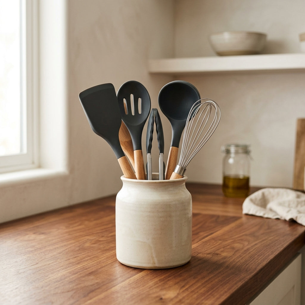 Karu Cookware - Beechwood and Silicone Cooking Utensils Set in Ceramic Crock