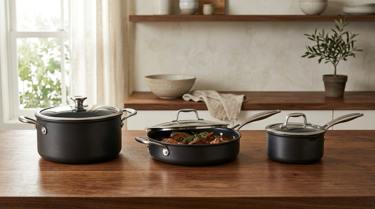Karu Cookware - Complete Non-Stick Cookware Set on Walnut Kitchen Counter