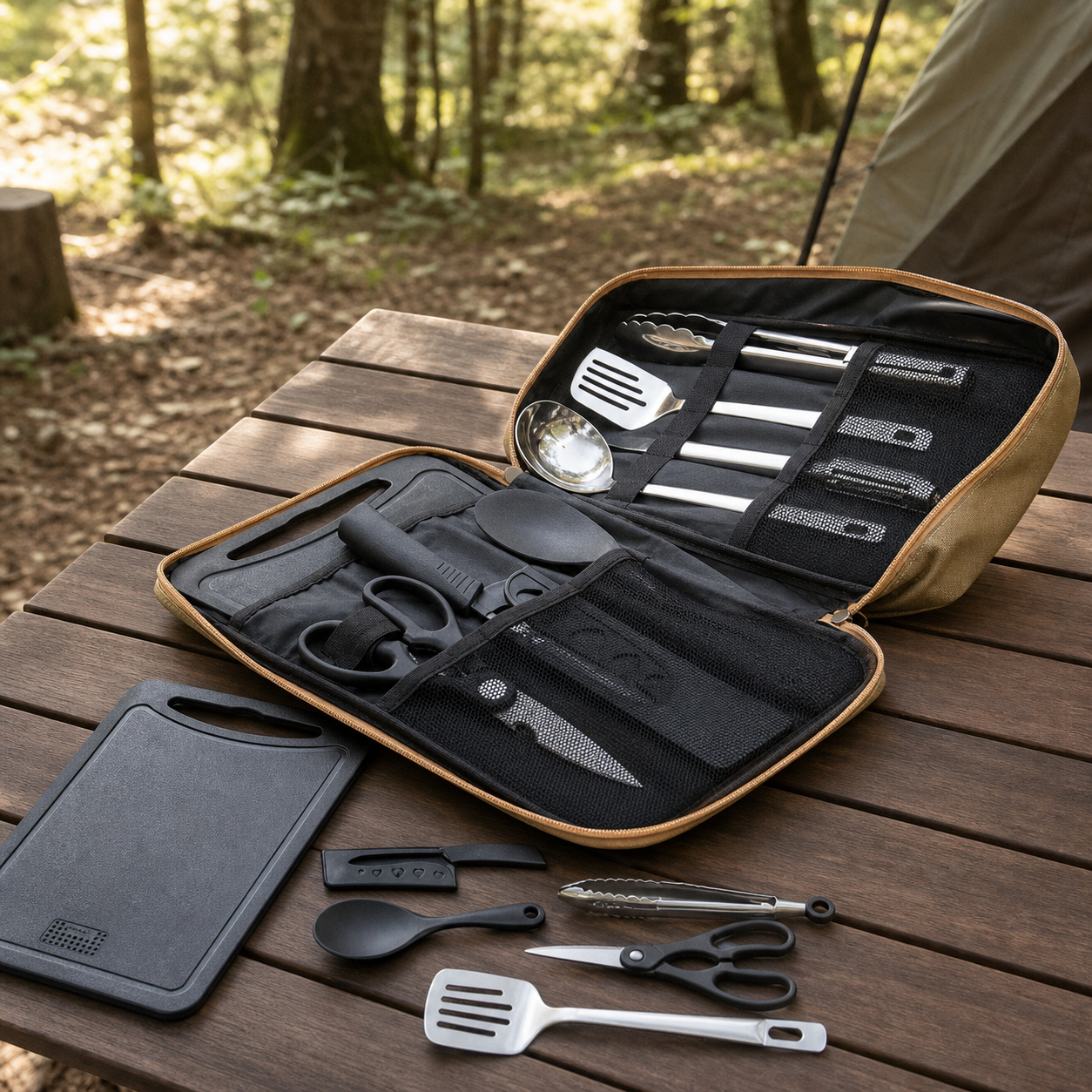 8-Piece Camping Kitchen Cookware Set open organizer