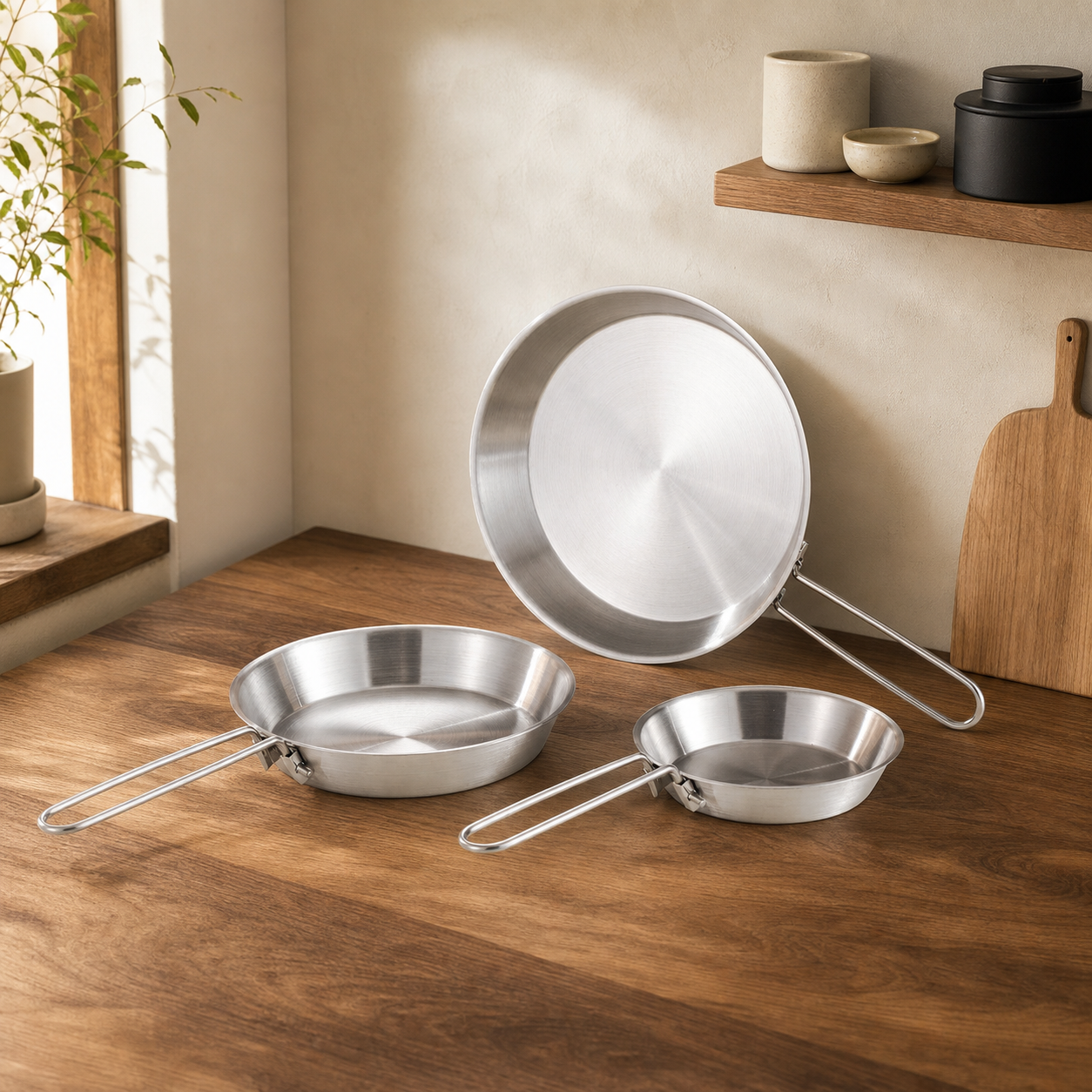 Folding Handle Stainless Steel Frying Pan set overview