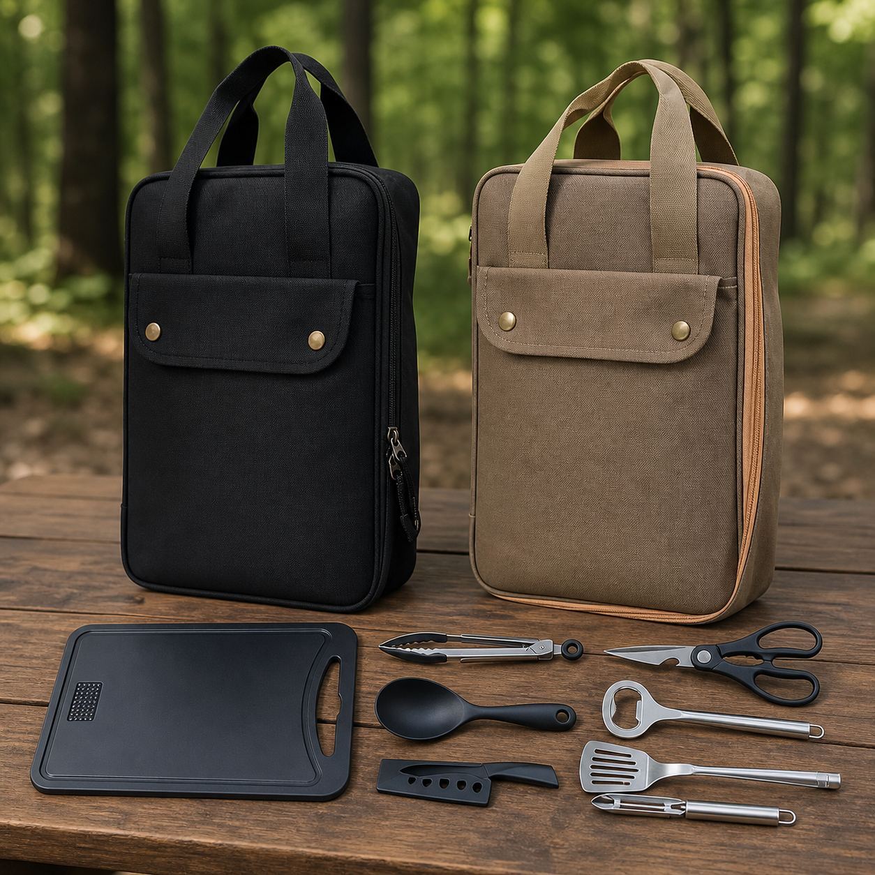 8-Piece Camping Kitchen Cookware Set bag color options and tools