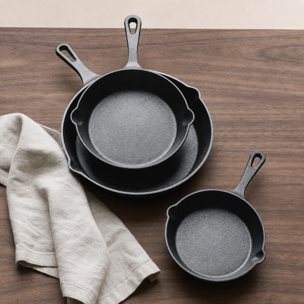 Three-Piece Flat-Bottom Frying Pan Set top-down view