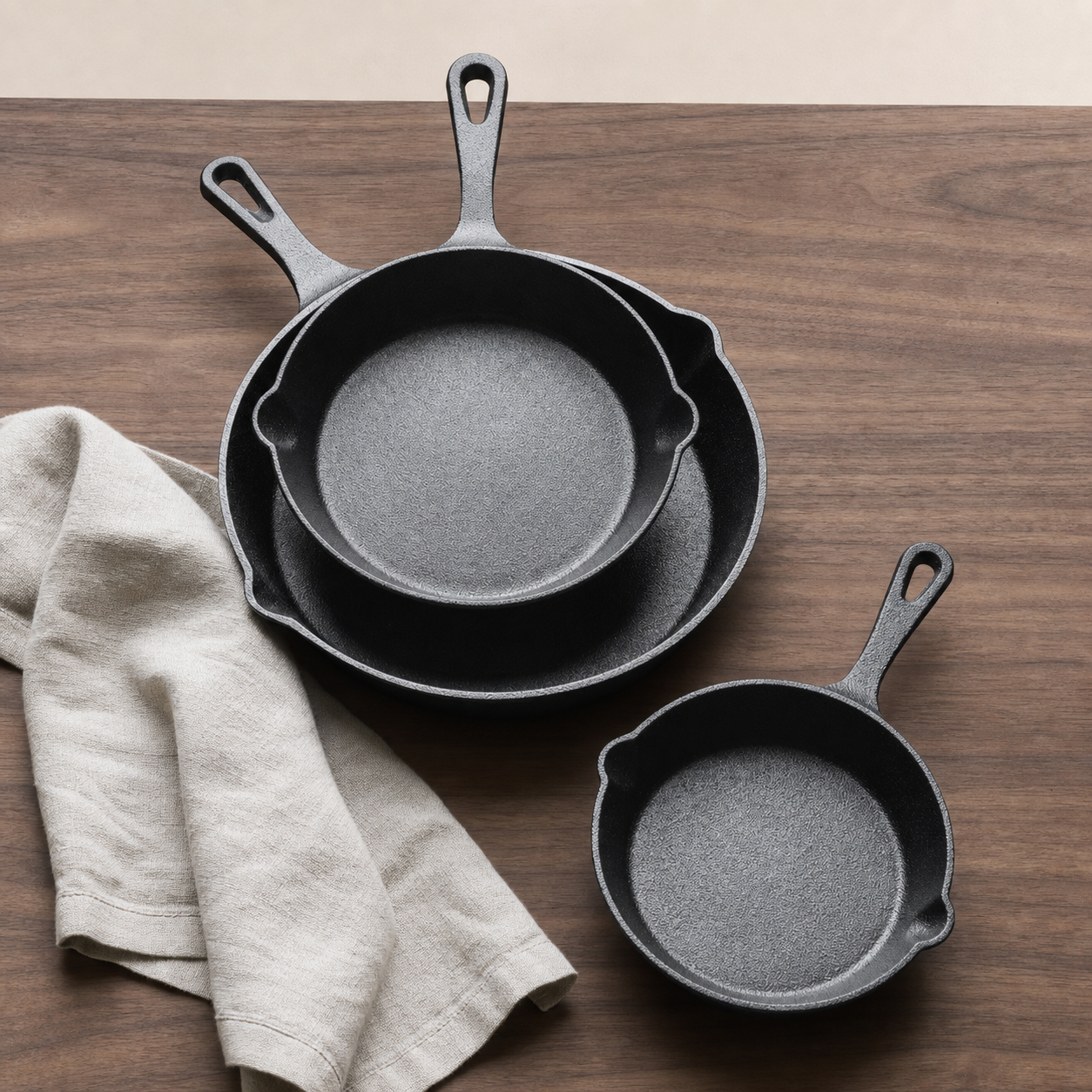 Three-Piece Flat-Bottom Frying Pan Set top-down view