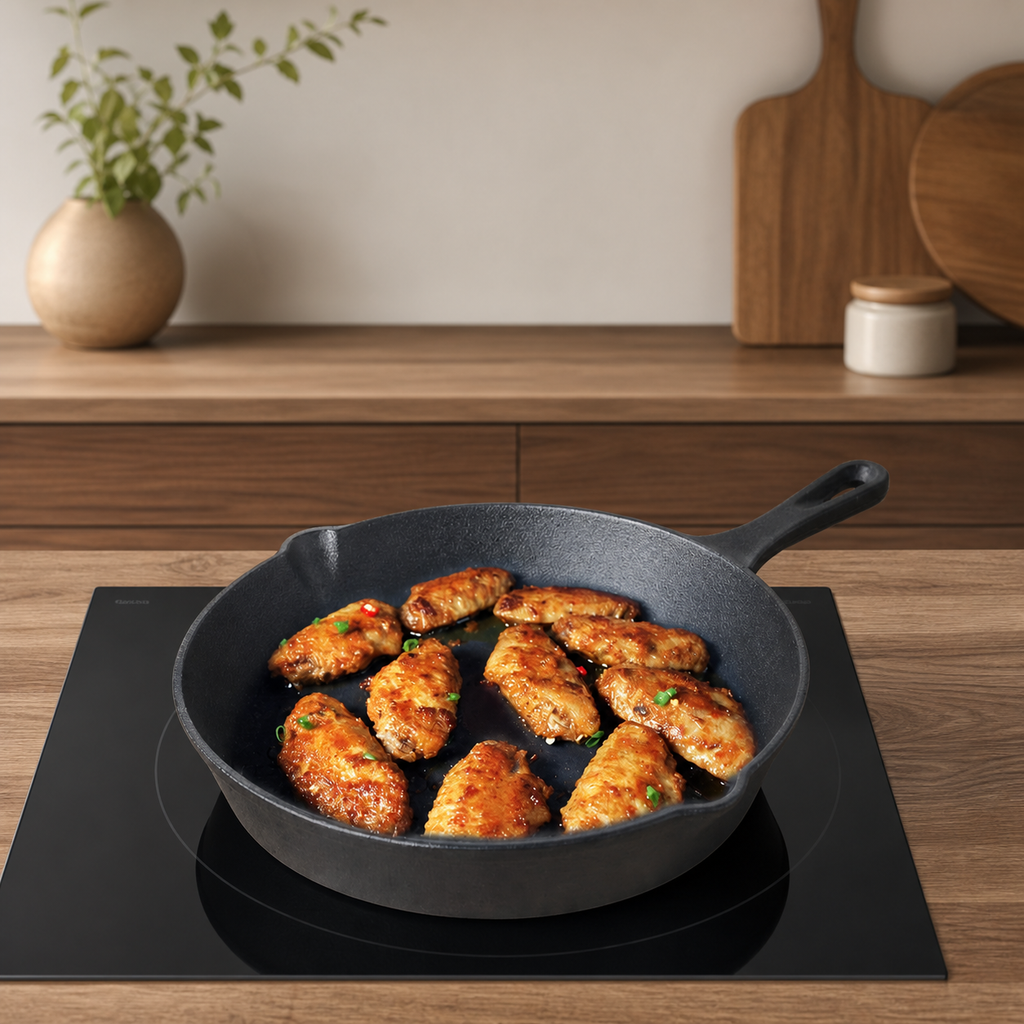 Three-Piece Flat-Bottom Frying Pan Set in use
