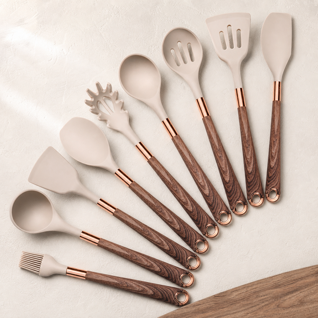 Silicone kitchen utensils with wooden handles arranged in a fan