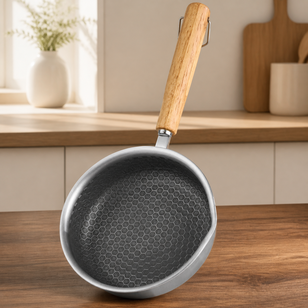 Deep Stainless Steel Mini Frying Pan patterned surface detail