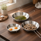 Folding Handle Stainless Steel Frying Pan set in use