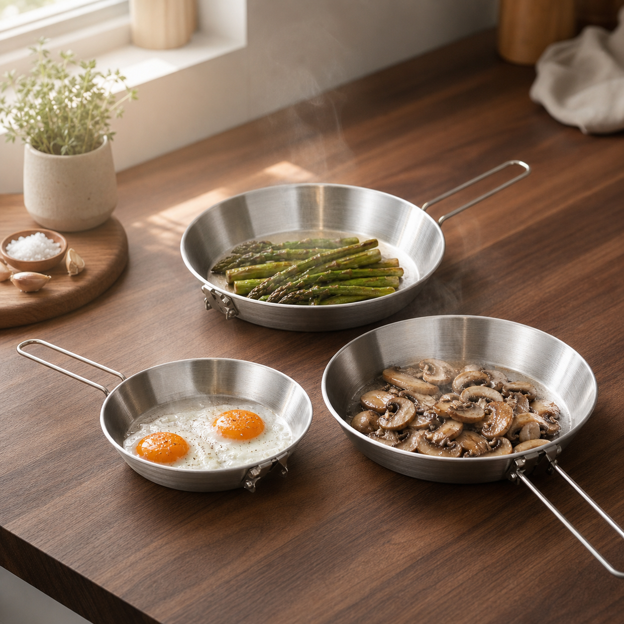 Folding Handle Stainless Steel Frying Pan set in use