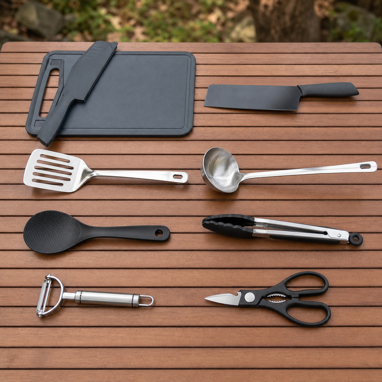 8-Piece Camping Kitchen Cookware Set tool flat lay