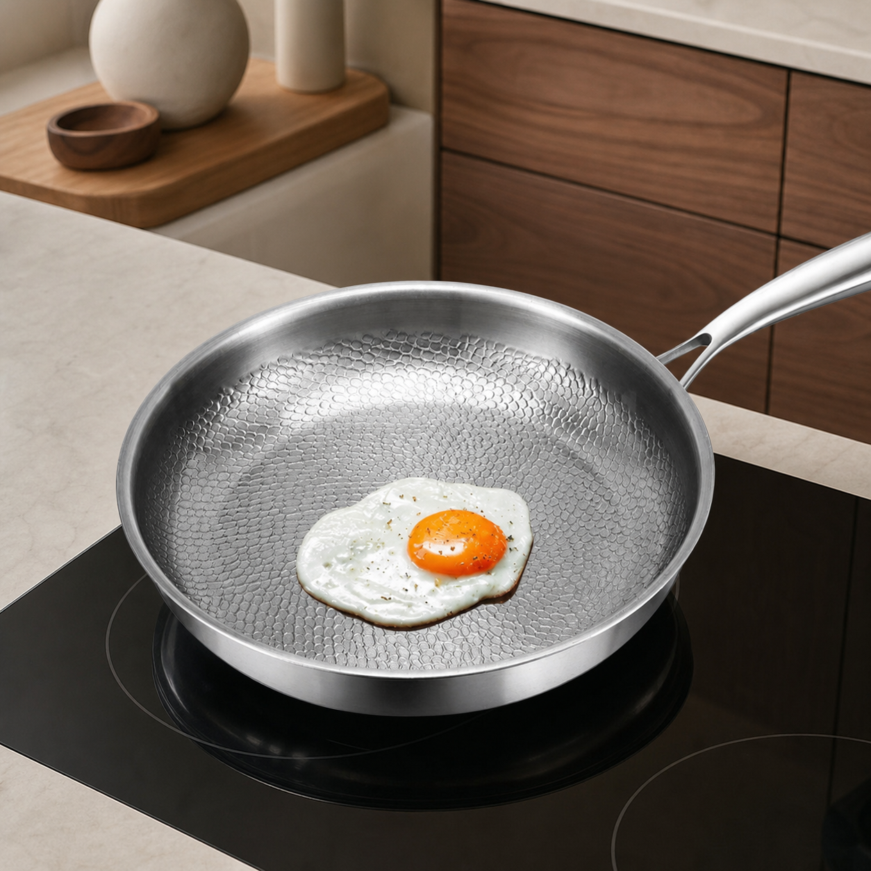 Pure Titanium Patterned Frying Pan egg in use