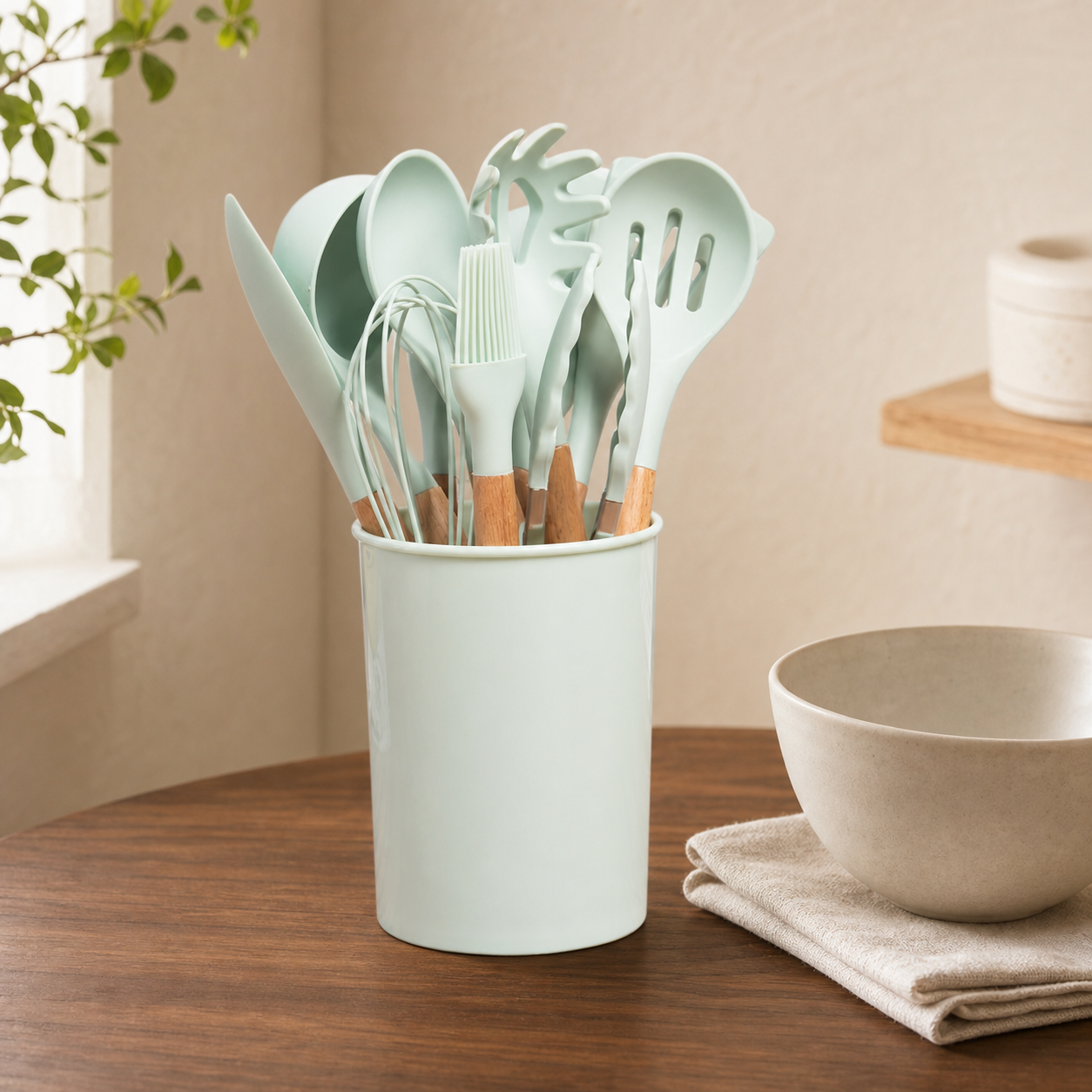 Silicone utensil set in a Scandinavian kitchen