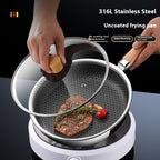 316 Stainless Steel Honeycomb Frying Pan in-use on cooktop with glass lid
