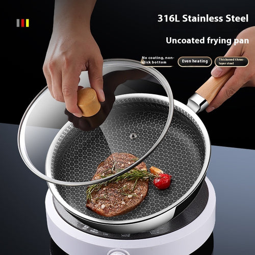 316 Stainless Steel Honeycomb Frying Pan in-use on cooktop with glass lid