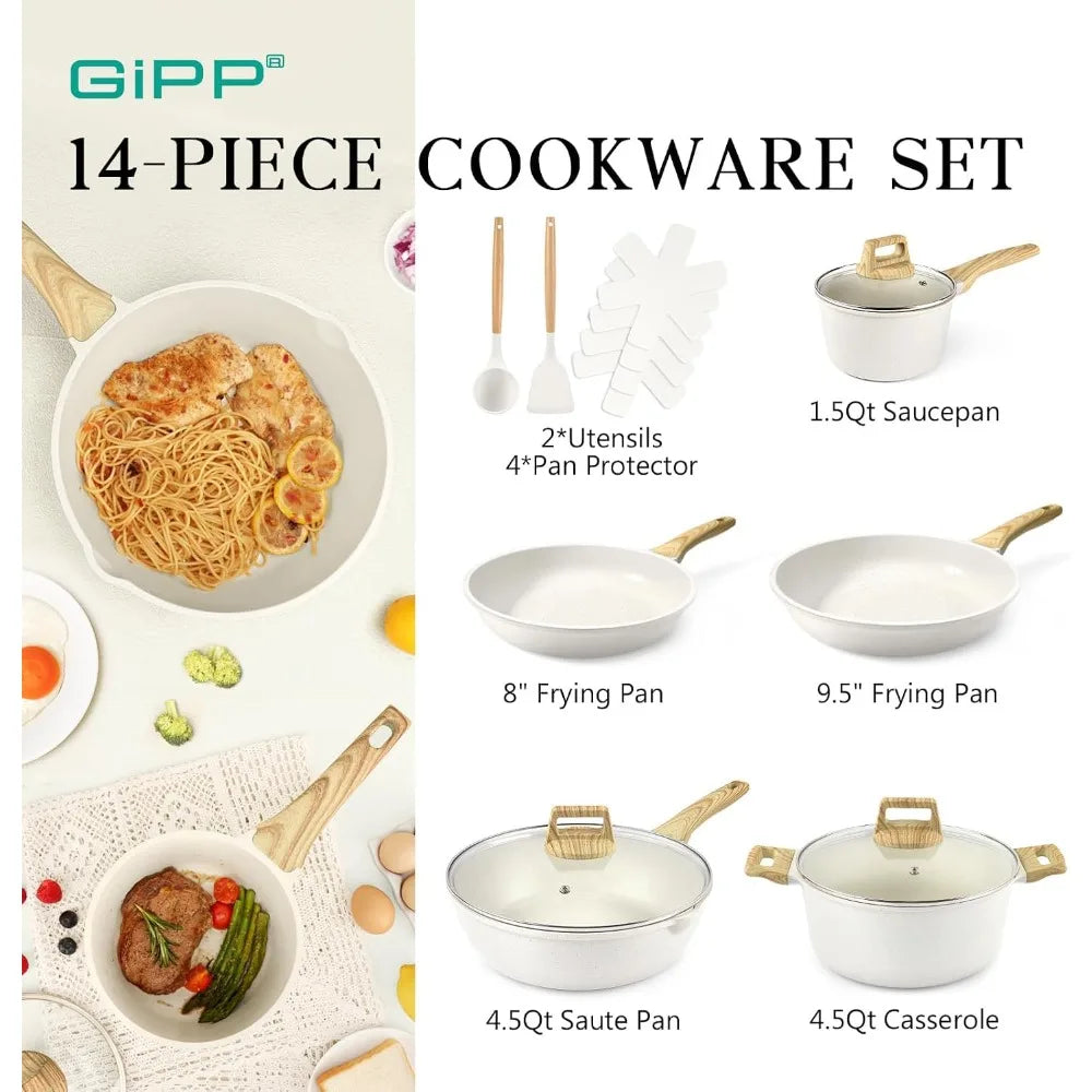 USA Stock 14 Pcs White Granite Non Stick Pots and Pans Set Induction Cookware Kitchen Cooking Set with Frying Pans Saucepans