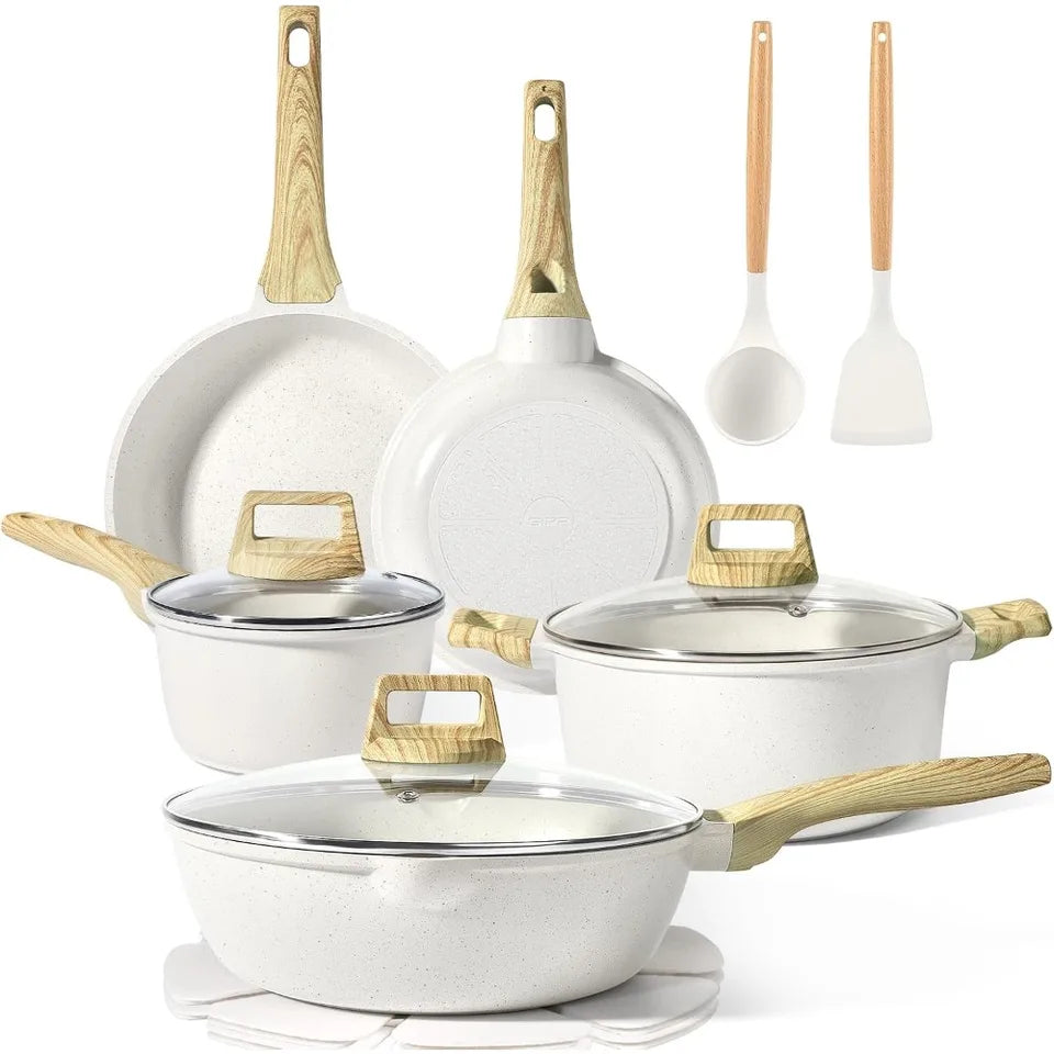 USA Stock 14 Pcs White Granite Non Stick Pots and Pans Set Induction Cookware Kitchen Cooking Set with Frying Pans Saucepans