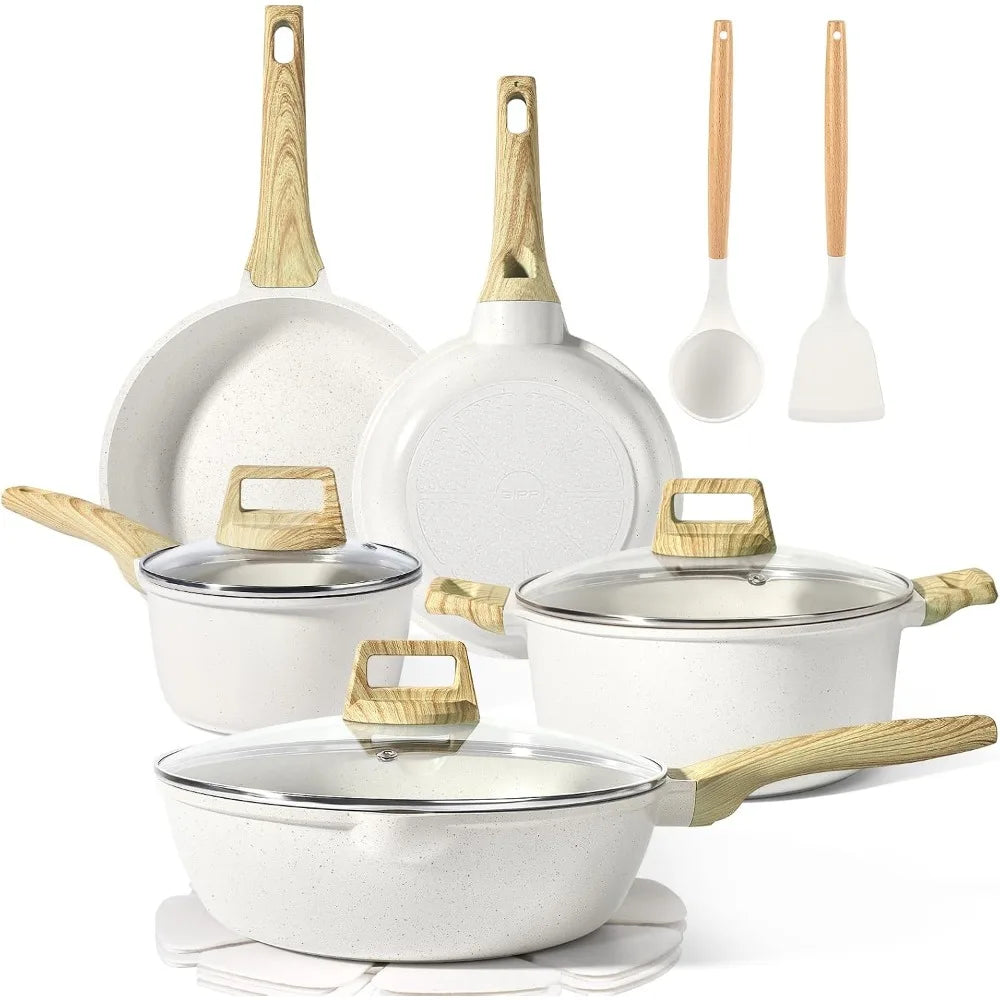USA Stock 14 Pcs White Granite Non Stick Pots and Pans Set Induction Cookware Kitchen Cooking Set with Frying Pans Saucepans