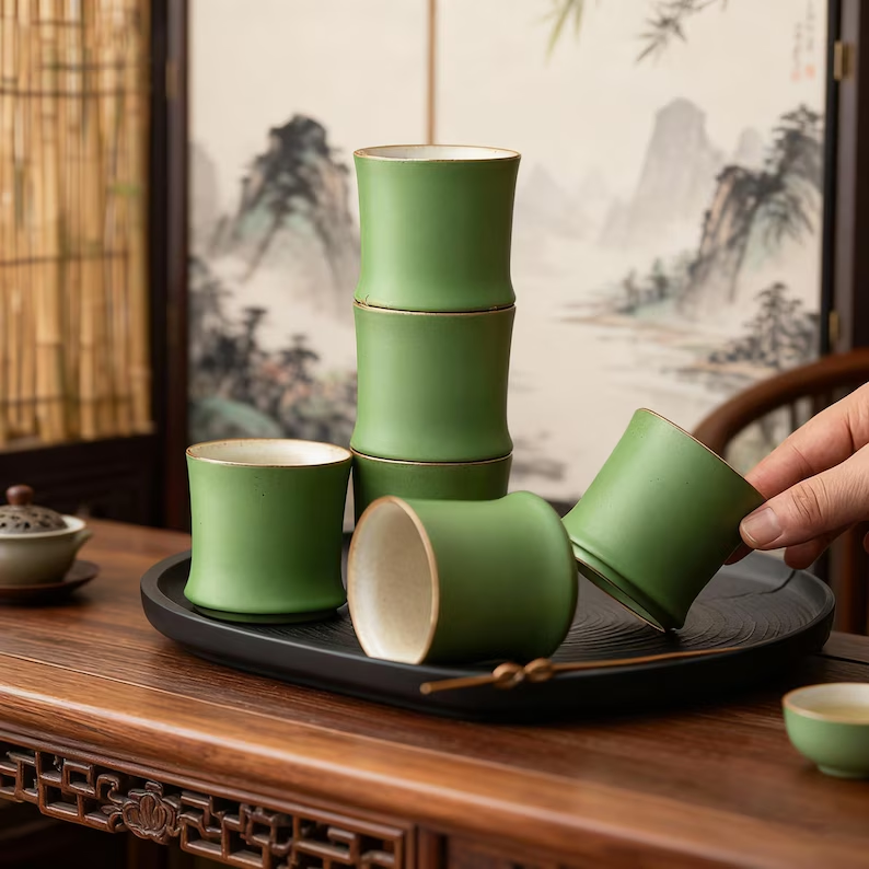 Bamboo Ceramic Teacup Stacked Set and Tea Tray Ritual