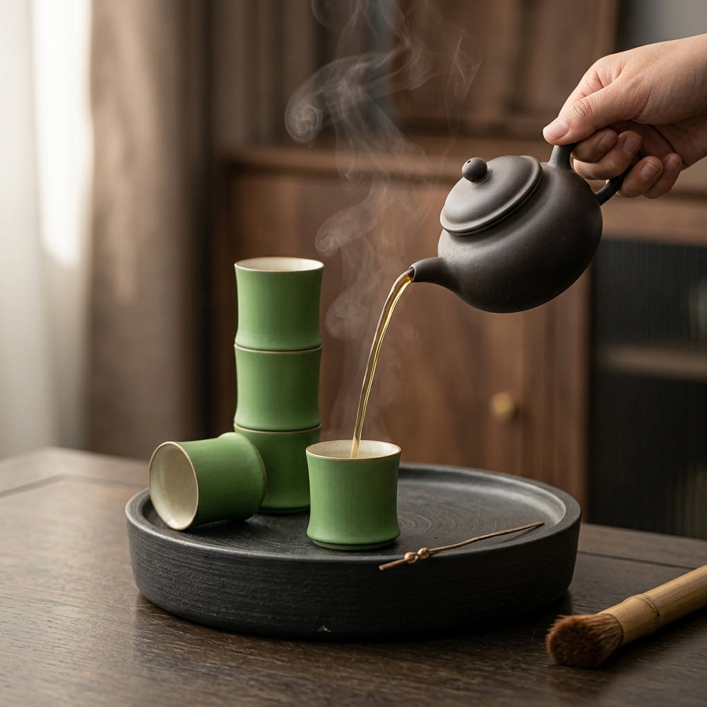 Bamboo Ceramic Teacup In Use Pouring