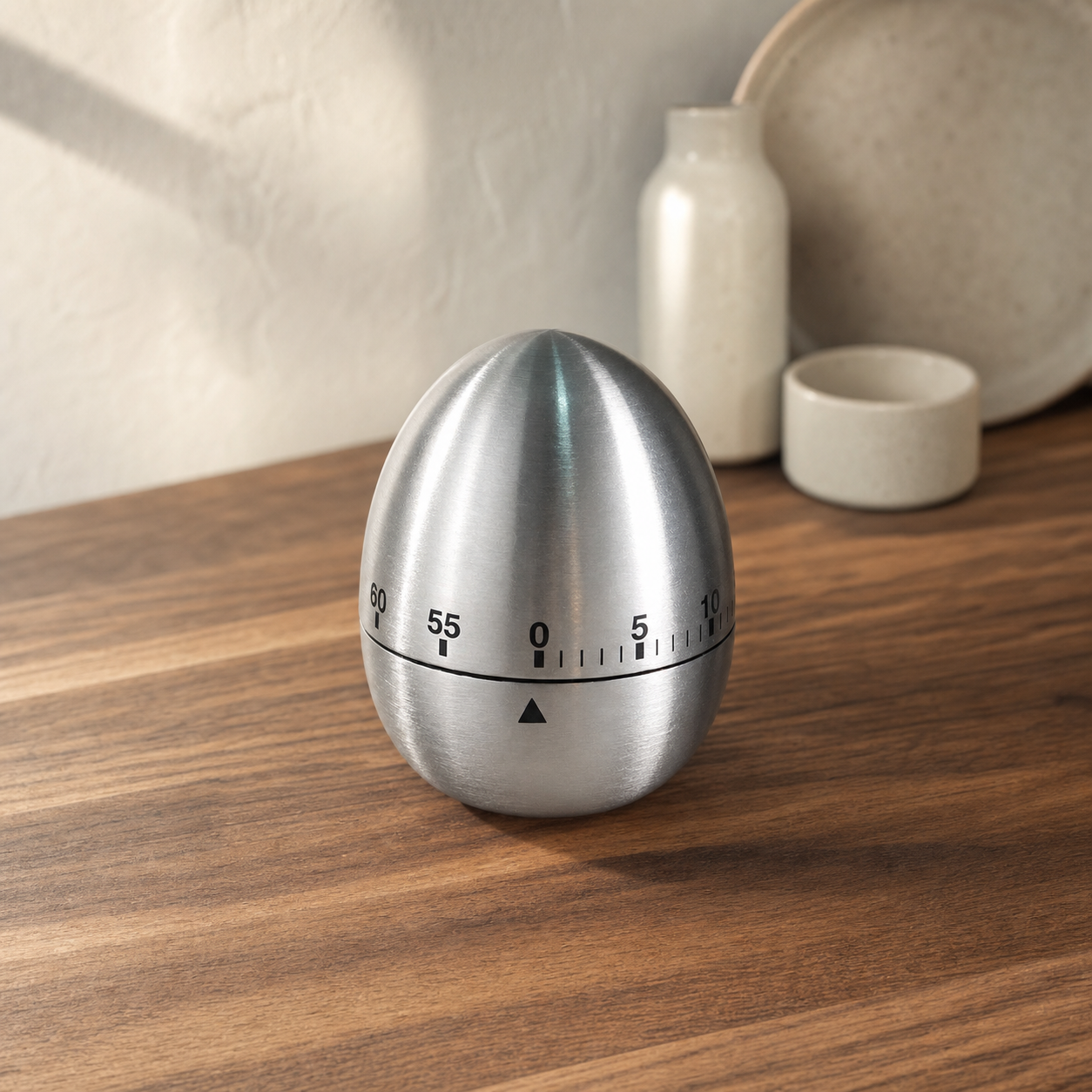 Stainless steel mechanical kitchen timer on a walnut kitchen counter