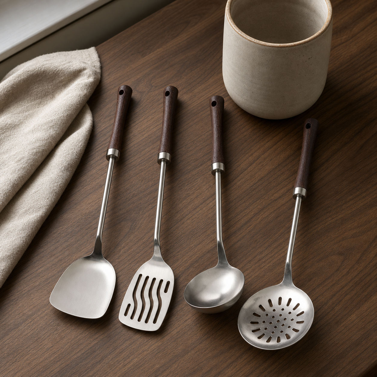 Stainless steel kitchen utensil set with wooden handles on a walnut kitchen counter