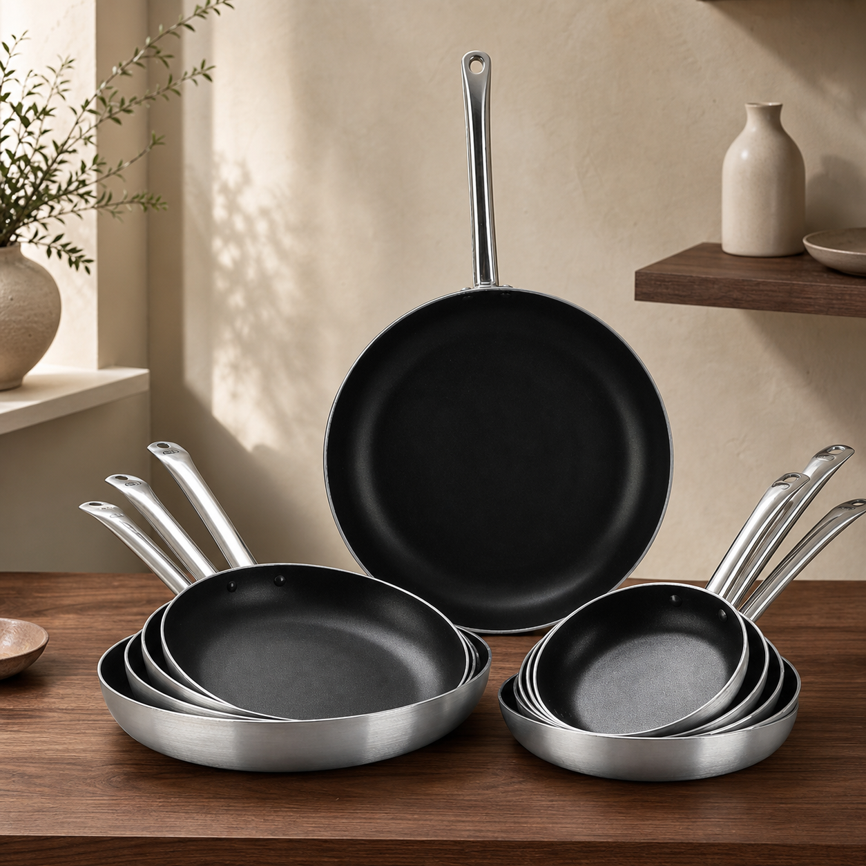 Non-Stick Aluminum Frying Pan selectable size range editorial image