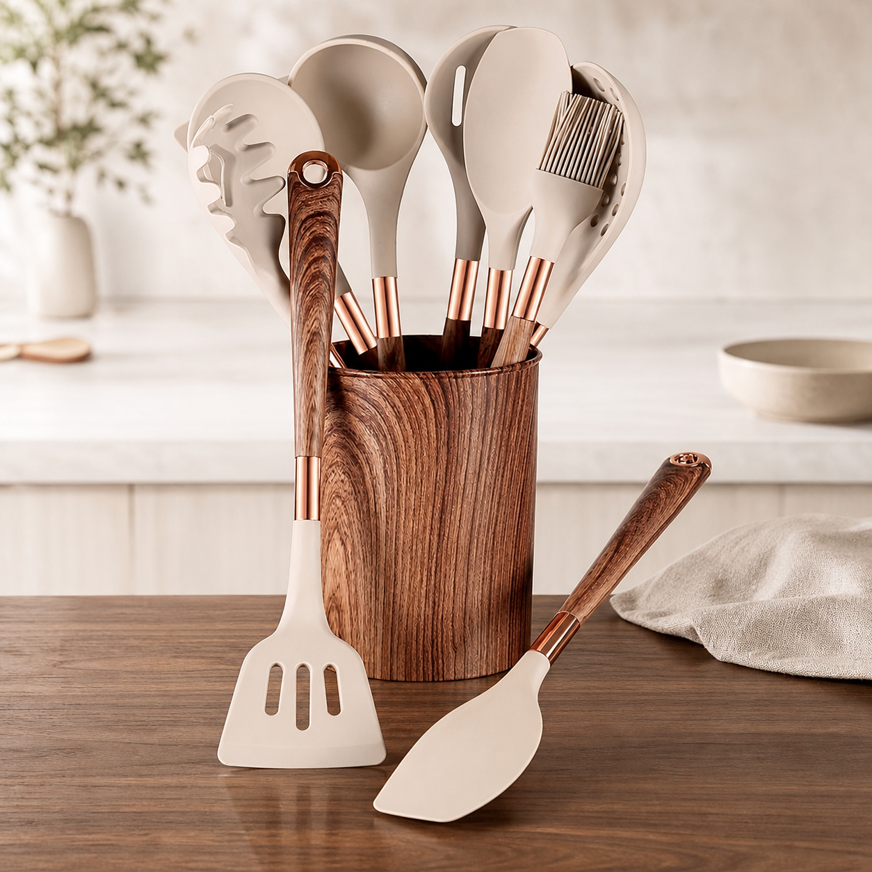 10-Piece Wooden Handle Silicone Utensil Set editorial image