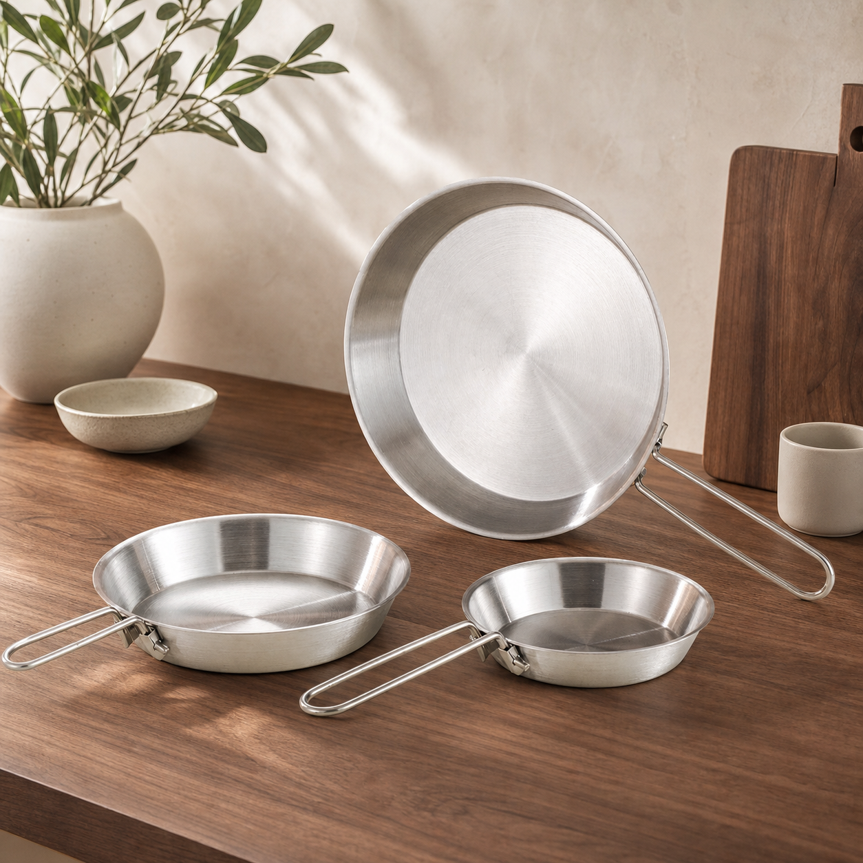 Folding Handle Stainless Steel Frying Pan size option overview editorial image