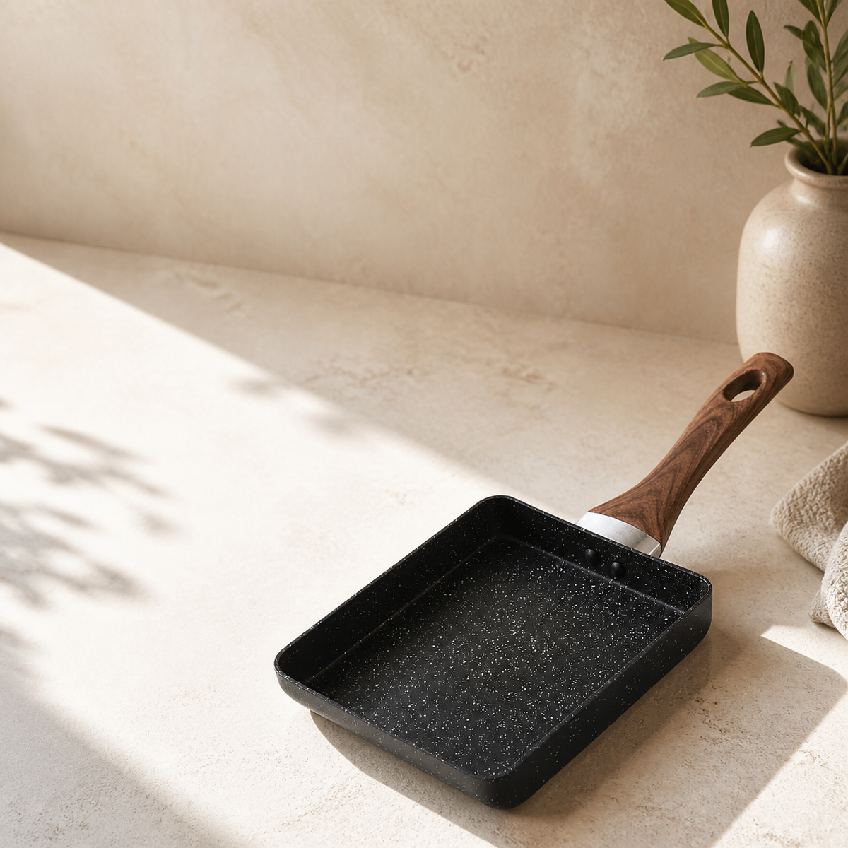 Compact square non-stick egg pan on a bright kitchen counter