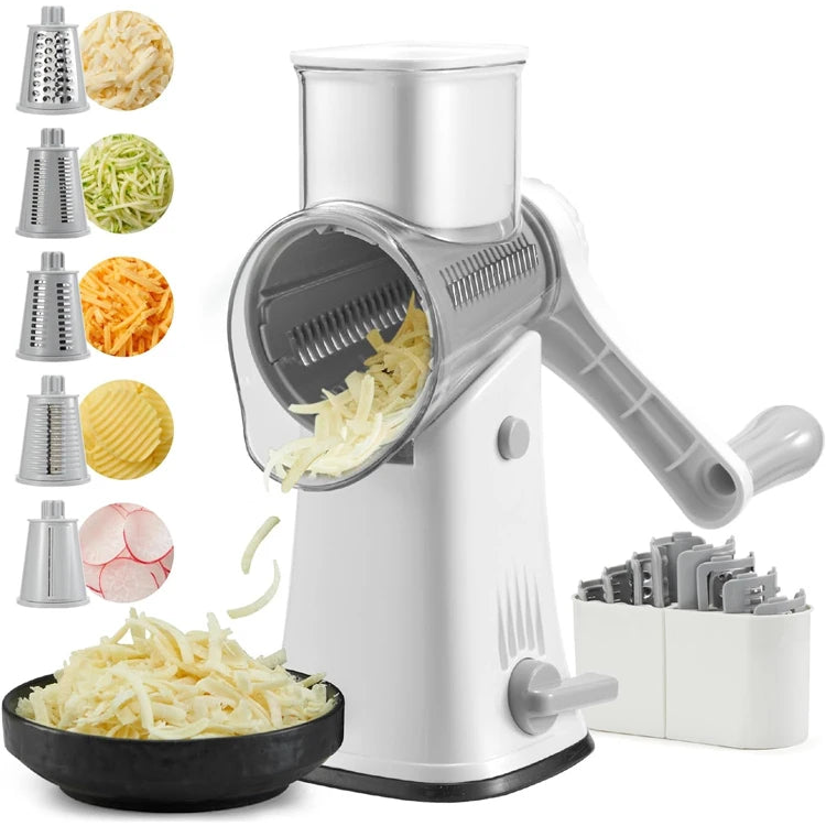 Rotary cheese grater with interchangeable drums