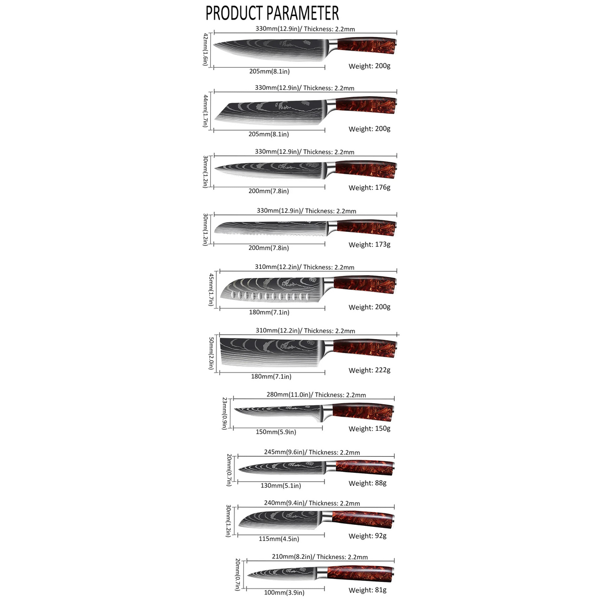 High-carbon knife set product parameters