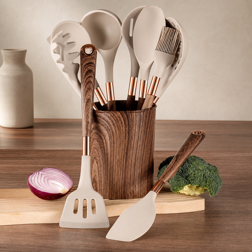 Ten-piece silicone utensil set with wooden handles in its storage holder
